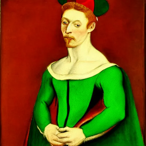 Image similar to a renaissance style full body portrait painting of an extremely muscular red haired man, wearing all green clothes, a crown, and green cape, dark background. In the style of Degas.