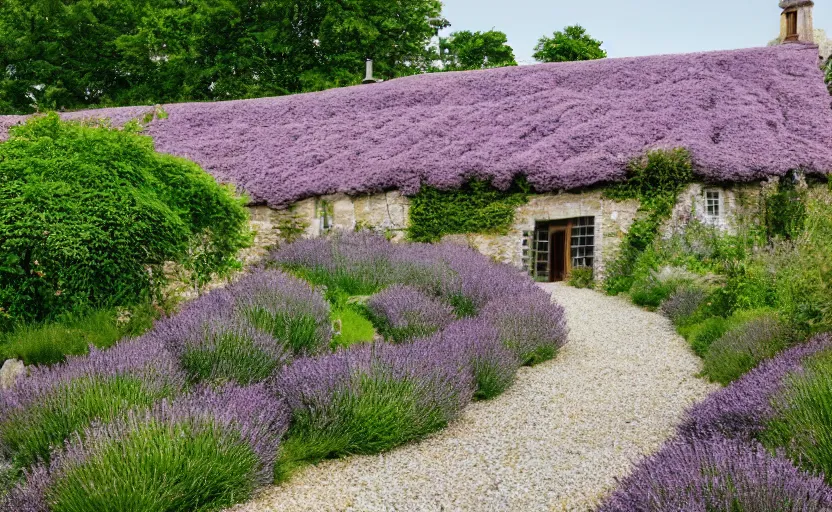 Image similar to Dutch limestone cottage farm, Jerkinhed roof, rustic wood timberwork lavender bushes in the garden, full of flowers, surrounded by oak trees, a cobblestone pathway, dawn, 8K