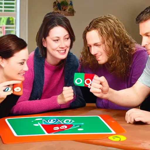 Prompt: 3 friends playing uno at a wooden table, realistic, detailed, 8k, hd, award winning photo