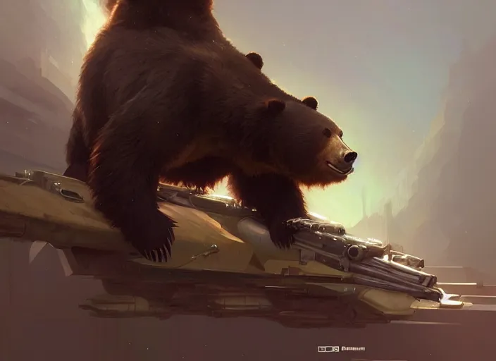 Image similar to a bear with a giant proton cannon in the back, elegant, technology, highly detailed, digital painting, artstation, concept art, smooth, sharp focus, illustration, art by krenz cushart and artem demura and alphonse mucha