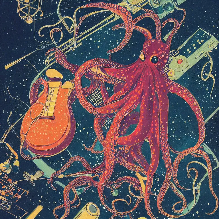 Image similar to a beautiful painting by victo ngai of an octopus playing drums and telecaster guitar in an electronic concert, dark background, concert light, dark mood, warm lights