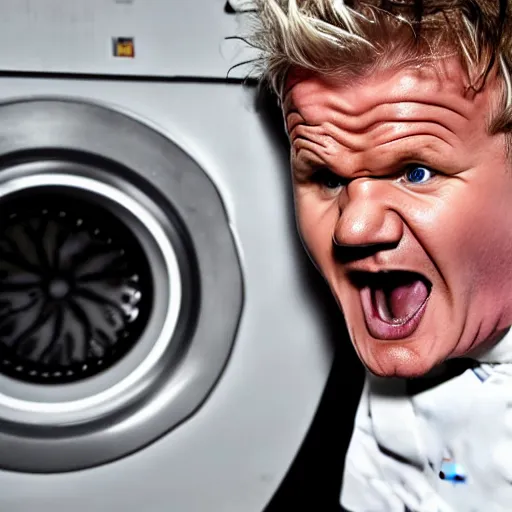Prompt: angry furious Gordon Ramsay poking his head out of a washing machine and shouting at the camera