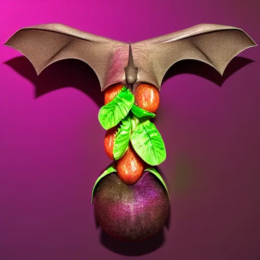 Image similar to Photorealistic magical fruit bat with fruit. Hyperdetailed photorealism, 108 megapixels, amazing depth, glowing rich colors, powerful imagery, psychedelic Overtones, 3D finalrender, 3d shading, cinematic lighting, artstation concept art