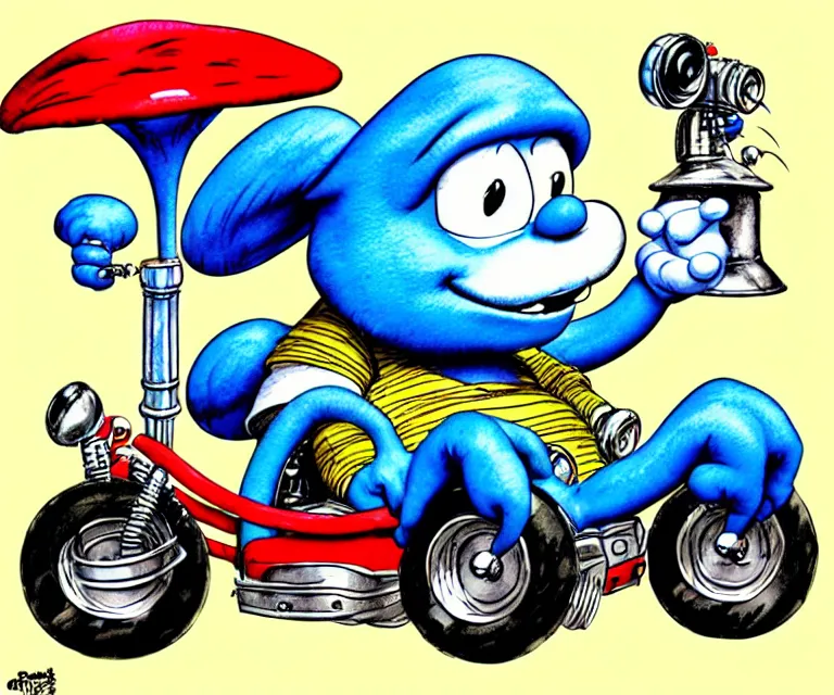 Prompt: cute and funny, papa - smurf, wearing a helmet, driving a hotrod, oversized enginee, ratfink style by ed roth, centered award winning watercolor pen illustration, isometric illustration by chihiro iwasaki, the artwork of r. crumb and his cheap suit, cult - classic - comic,