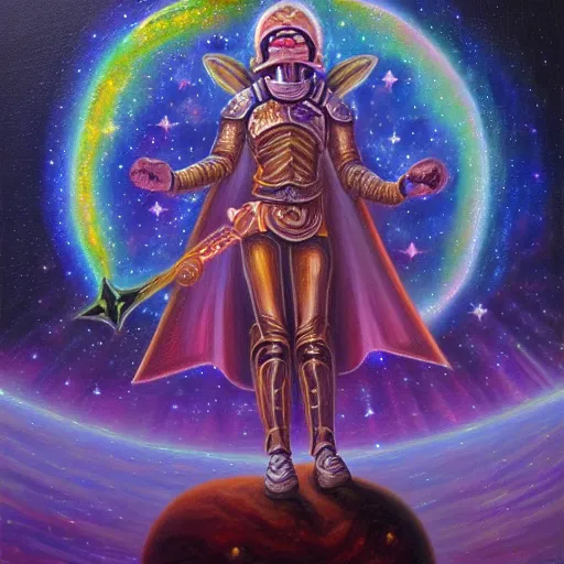 Image similar to facing the dark star with a sword in hand, galactic nebular astral realm sacred journey in oil painting, trending on artstation, award winning, emotional, highly detailed surrealist art