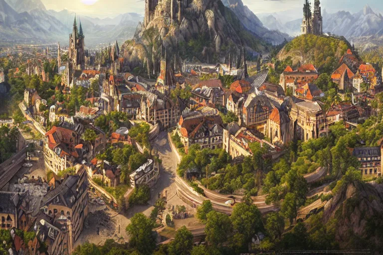 Image similar to an ultra detailed matte landscape painting of an german renaissance capital city built into the side of a mountain with many tall spirally towers, sweeping vista, german renaissance architecture, ultrawide lens, aerial photography, 8 k, volumetric lighting, smooth, highly detailed, digital illustration, art by greg rutkowski and akira toriyama and artgerm