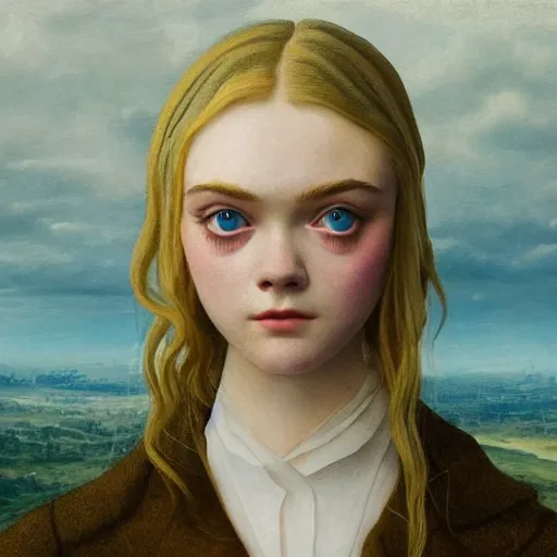 Image similar to professional painting of Elle Fanning in the style of Caspar David Friedrich, head and shoulders portrait, symmetrical facial features, smooth, sharp focus, illustration, intricate, stormy weather, extremely detailed masterpiece,