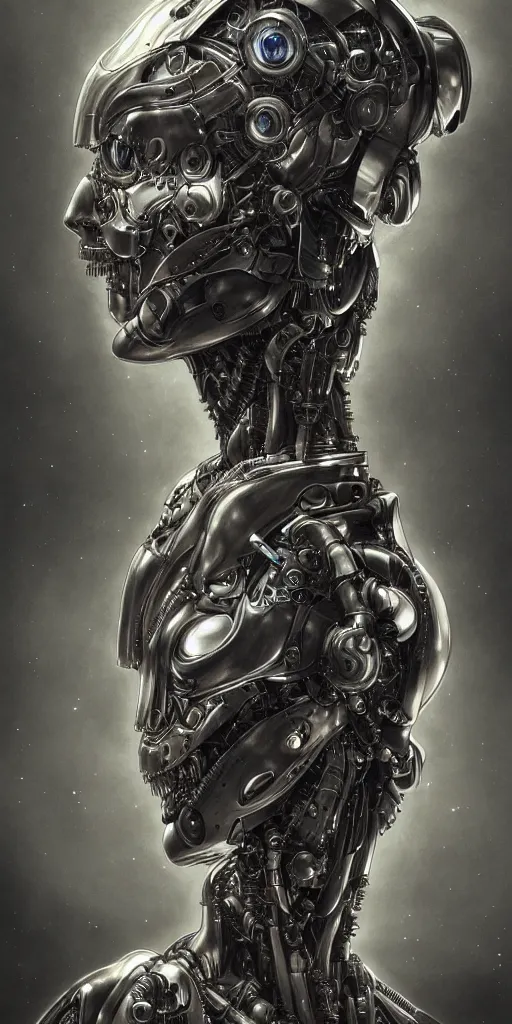 Image similar to portrait of a cyborg woman by Gustave Doré, biomechanical, hyper detailled, trending on artstation