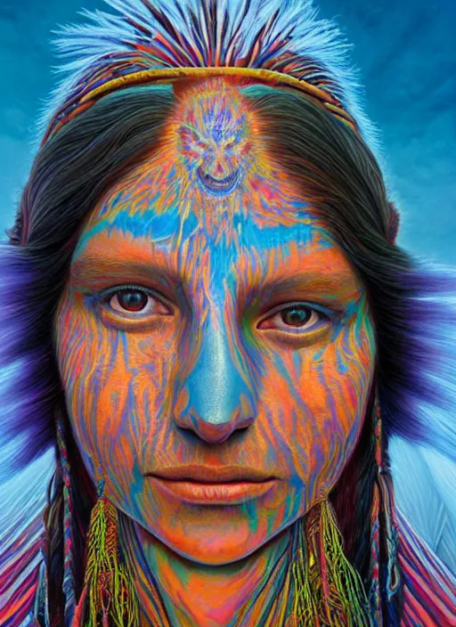 Image similar to portrait ultra dimensional native american woman shaman, accidentally tripping on dmt and acid, psychedelic experience, overwhelming psychosis of self realization and burning awakening, ultra high definition, unreal engine 5, hyperrealism, masterpiece composition, by casey weldon, barclay shaw