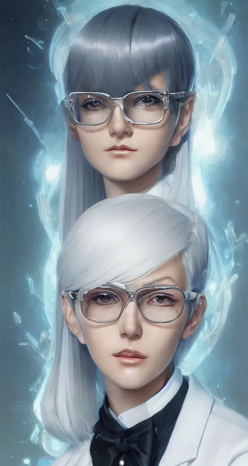 Prompt: a portrait of a scientist android girl with silver hair wearing white suit and glasses by artgerm and wlop and krenz cushart and stephan martiniere, painterly