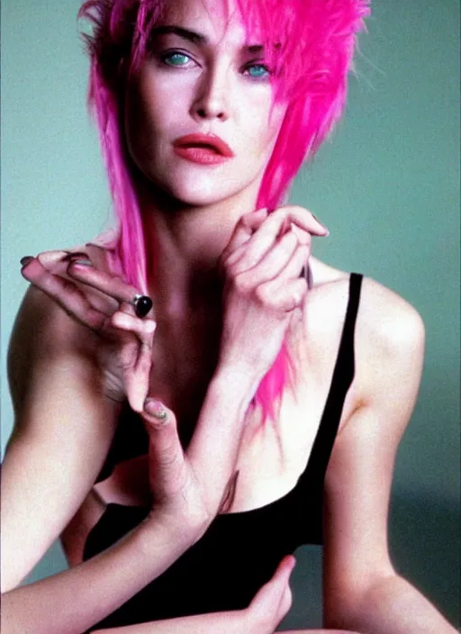 Prompt: Photo of a beautiful 20yo Sharon Stone (1995) with pink cyberpunk hairstyle, in the style of Mario Testino, detailed, 82 mm sigma art