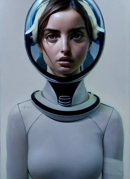 Image similar to artwork by james jean and Phil noto; a close up on the face of a beautiful woman that looks like Ana de armas in a future space suit; wearing futuristic astronaut helmet; highly detailed; pretty eyes; circular black pupils; artwork by james jean and Phil noto