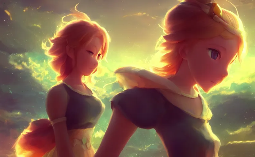 Image similar to Princess rosalina, anime painting, 3d render, hyper realistic, dramatic lighting, the sky is a nebula on fire, 8k hdr pixiv dslr photo by Makoto Shinkai ilya kuvshinov and Wojtek Fus, digital art, concept art,