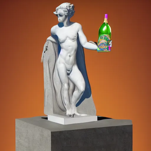 Prompt: a white reneissance statue holding a coctail, medium shot, colorful coctail, digital painting, cgi render