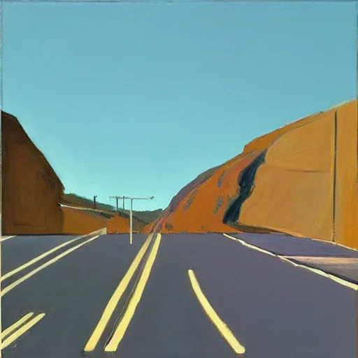 Prompt: “Wayne thiebaud painting of hilly streets and blue skies”