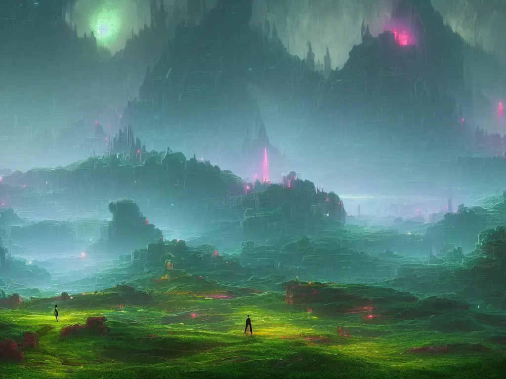 Prompt: synthwave landscape of a lone traveler walking towards a distant castle, synthwave grid, virtual, wireframe, by Paul Lehr and Thomas Cole, wide angle, highly detailed, cinematic, Blue and Green color scheme