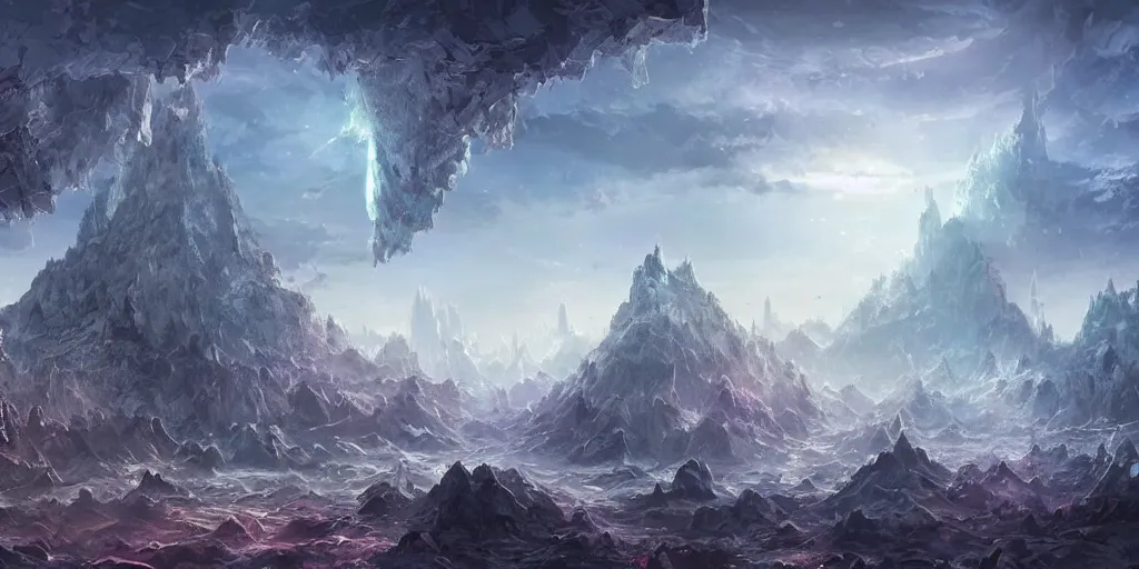 Image similar to Quartz crystal landscape, city of crystals inhabited by light beings, fantasy landscape concept, detailed matte painting