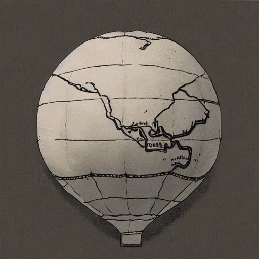 Prompt: “an old technical sketch on parchment of a hot air balloon between clouds, the balloon fabric is made of a spherical world map of the earth. sepia”