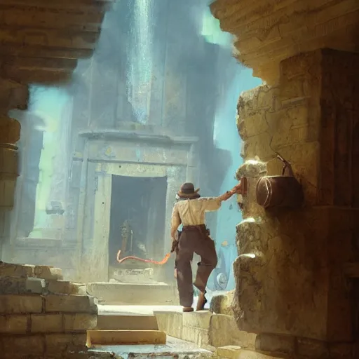 Image similar to indiana jones stealing a catalytic convertor, that is on a trapped pedastal, from inside a temple, painted by greg rutkowski