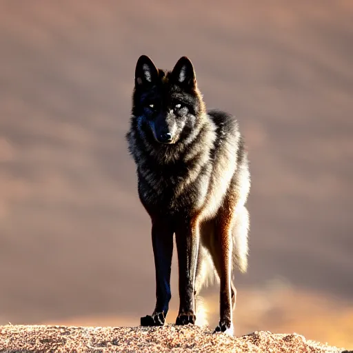 Prompt: black wolf in an australian desert, gold colored eyes, 2 0 0 mm f / 2. 8 photograph