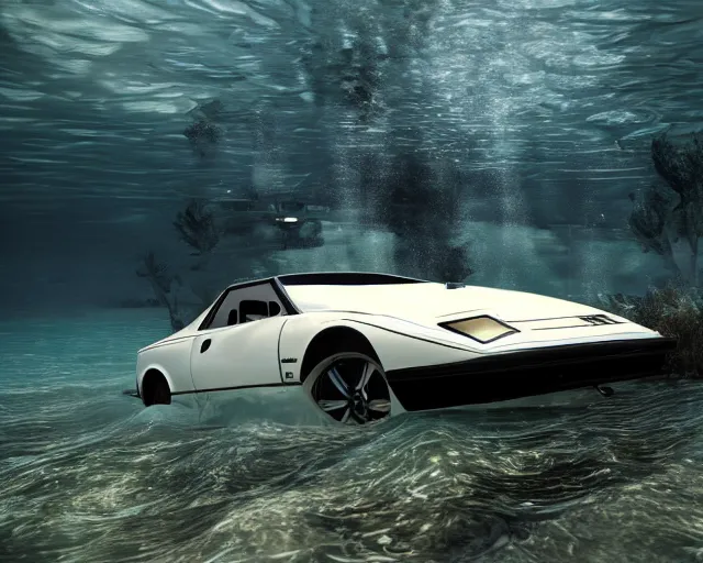 Image similar to white lotus esprit submerged under water, cinematic, photoreal, by red dead redemption 2