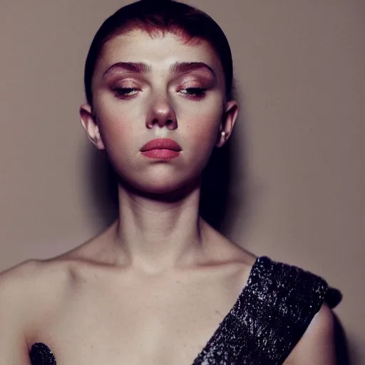 Image similar to dramtically lit, high quality studio photo of a girl who looks like 16-year old Audrey Hepburn and Scarlett Johansson, with parted lips and stunning, anxious eyes, wearing a silver satin gown, by Steve McCurry