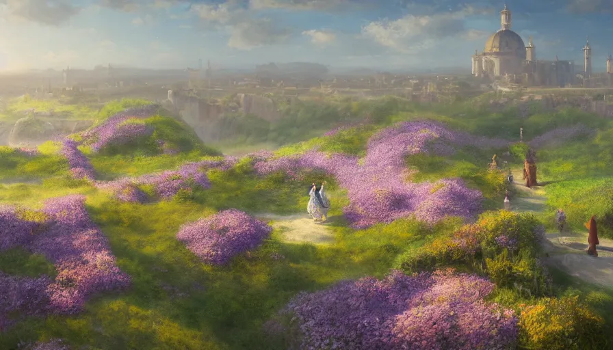 Image similar to landscape painting drone shot of violet evergarden facing away standing on a distant colorful flower hill, behind it a distant old european city leiden, ocean, sunshine, fantasy, intricate, elegant, highly detailed, digital painting, artstation, blender, unreal engine 5, octane render, smooth, sharp focus, illustration, by greg rutkowski