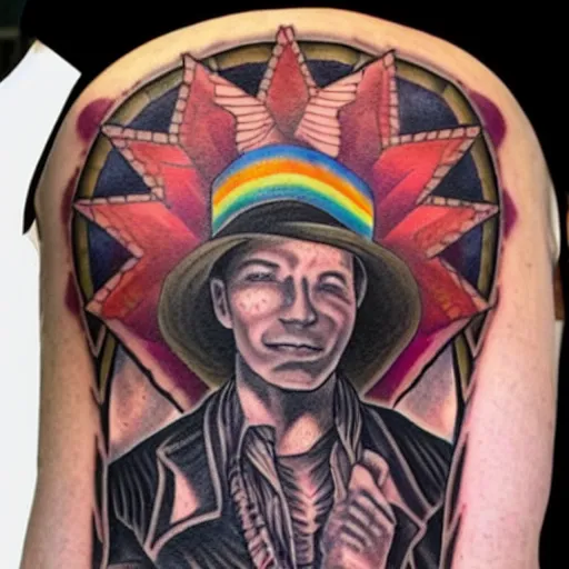 Prompt: American traditional tattoo of a gay cowboy,