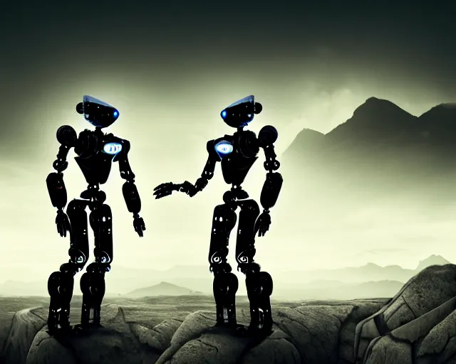 Image similar to two humanoid futuristic robot fighting each other, landscape, Cyberpunk, Steampunk, cloudy, mountains on background, peaceful day