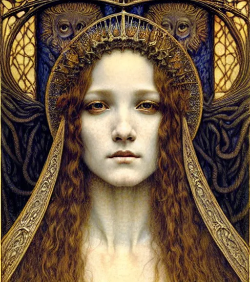 Image similar to detailed realistic beautiful young medieval queen face portrait by jean delville, gustave dore and marco mazzoni, art nouveau, symbolist, visionary, gothic, pre - raphaelite. horizontal symmetry