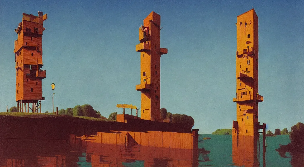 Image similar to single flooded simple wooden tower, very coherent and colorful high contrast!! masterpiece by rene magritte simon stalenhag carl spitzweg syd mead norman rockwell edward hopper james gilleard, minimalist, dark shadows, sunny day, hard lighting