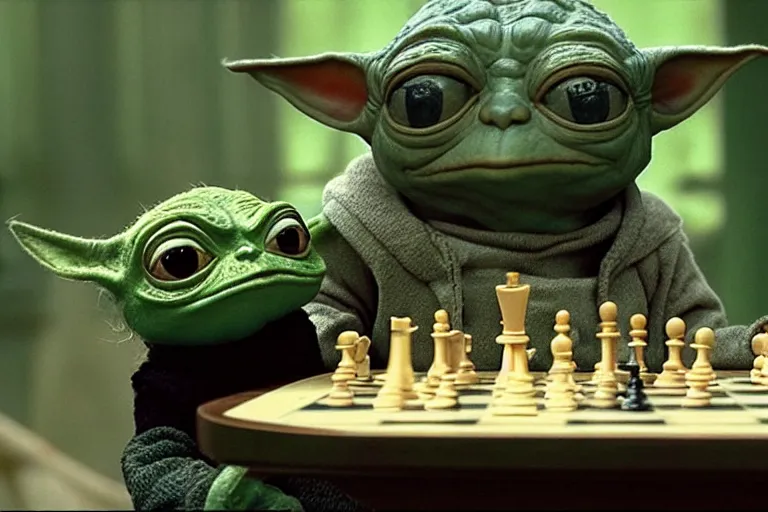 Prompt: pepe the frog playing chess with yoda in a scene from'the empire strikes back ', hyper realistic, great depth of field cinematic
