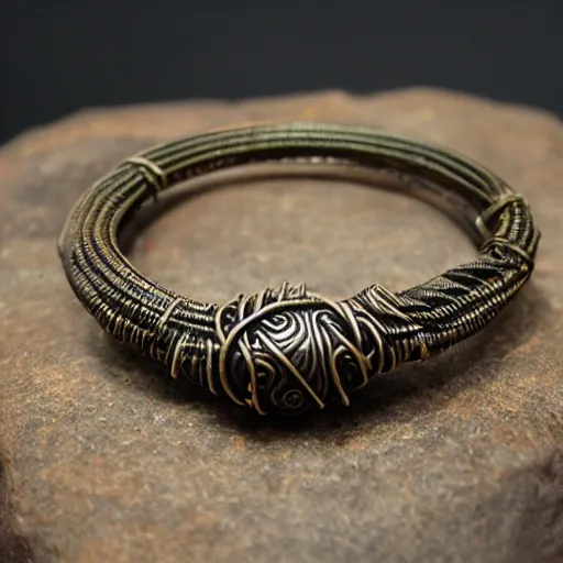 Image similar to poseidon cultists bangle, bronze wire, intricate poseidon style, ancient mediterranean jewelry, fine craftsmanship