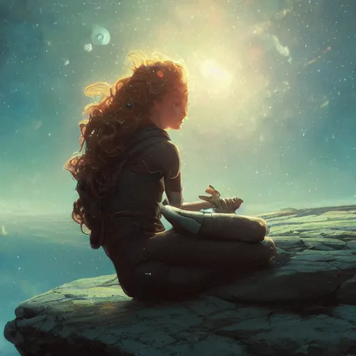 Image similar to A lonely woman sitting on a rock floating in space, stars, cosmic, science fiction, intricate, highly detailed, digital painting, artstation, concept art, sharp focus, cinematic lighting, illustration, greg rutkowski, alphonse mucha, cgsociety