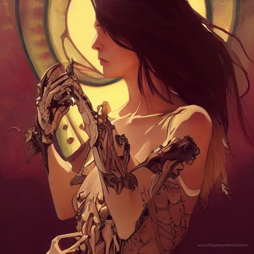 Image similar to skeleton with eyes, cinematic shot, 8 k, art by artgerm and greg rutkowski and alphonse mucha