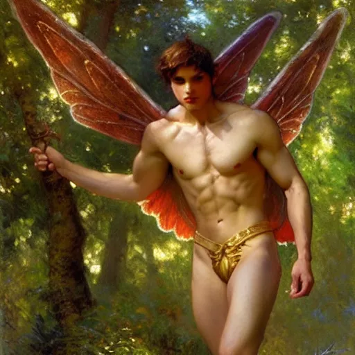 Image similar to attractive male fairy with wings in the forest, posing. highly detailed painting by gaston bussiere, craig mullins, j. c. leyendecker, 8 k