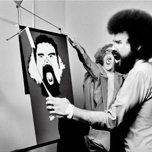 Prompt: bob ross screaming at andy warhol