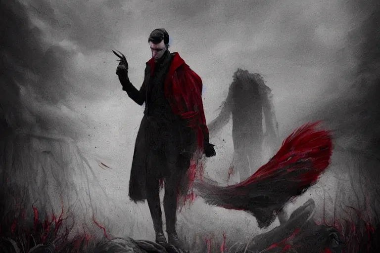 Image similar to on a gathering storm comes a tall handsome man in a dusty black coat with a red right hand, fantasy art, award-winning, extremely detailed, high quality, eerie,