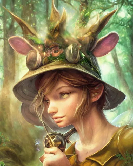 Image similar to Trumpet played by mouse in magical forest, portrait, wearing hat, magical notes, fairy atmosphere, magic the gathering artwork, D&D, fantasy, cinematic lighting, centered, symmetrical, highly detailed, digital painting, artstation, concept art, smooth, sharp focus, illustration, volumetric lighting, epic Composition, 8k, art by Akihiko Yoshida and Greg Rutkowski and Craig Mullins, oil painting, cgsociety