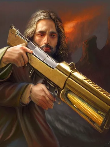 Image similar to jesus christ firing with an ak - 4 7. intricate, elegant, highly detailed, digital painting, artstation, concept art, sharp focus, illustration, by justin gerard and artgerm, 8 k