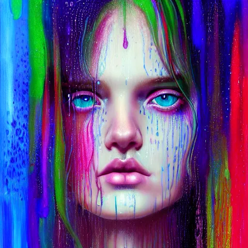 Image similar to portrait of girl in colored psychedelic rain with wet hair and face, fantasy, intricate, elegant, dramatic lighting, intense emotion, highly detailed, lifelike, photorealistic, digital painting, artstation, concept art, smooth, sharp focus, illustration, art by John Collier and Albert Aublet and Krenz Cushart and Artem Demura and Alphonse Mucha