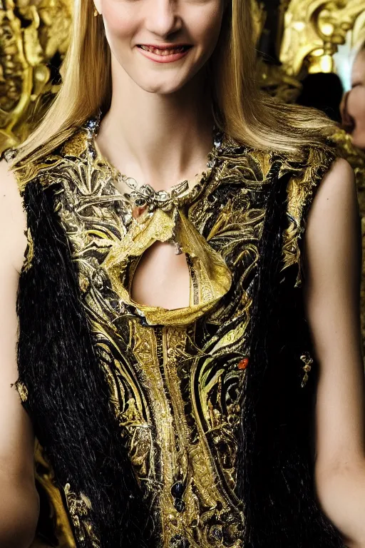 Image similar to A beautiful portrait of Daria Strokous smiling as mistress Denna from The Legend of The Seeker as a Versace fashion model Spring/Summer 2010, highly detailed, in the style of cinematic, Getty images, Milan fashion week backstage, Extreme close up, Makeup by Pat McGrath, Hair by Guido Palau, Greg rutkowski