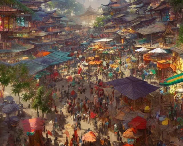 Image similar to colorful, bustling marketplace in a great kitsune city, bamboo, fountain, a fantasy digital painting by Greg Rutkowski and James Gurney, trending on Artstation, highly detailed