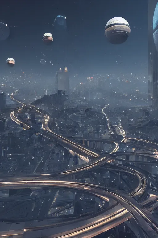 Image similar to Futuristic cities, orbits floating in the air, CG big scenes, octane rendering, volumetric light, virtual engine,8K