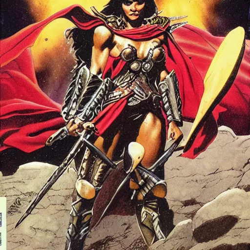 Image similar to a muscular bronze - skinned black - haired woman warrior wearing xena armor and a red cape, on a hostile planet, highly detailed, ron cobb, moebius, heavy metal magazine, mike mignola, trending on art station, illustration, comic book