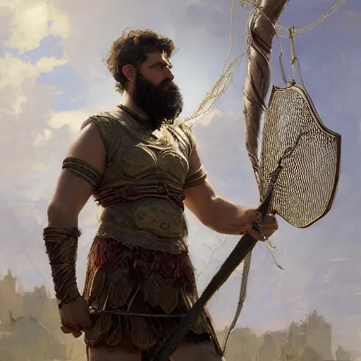 Prompt: young gladiator man with a trim beard, athletic, dopey expression, holding a net, fantasy character portrait by greg rutkowski, gaston bussiere, craig mullins