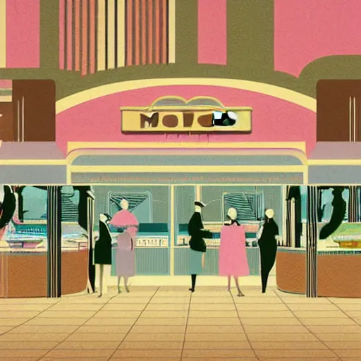 Prompt: art deco illustration of a mall food court in pastel colors