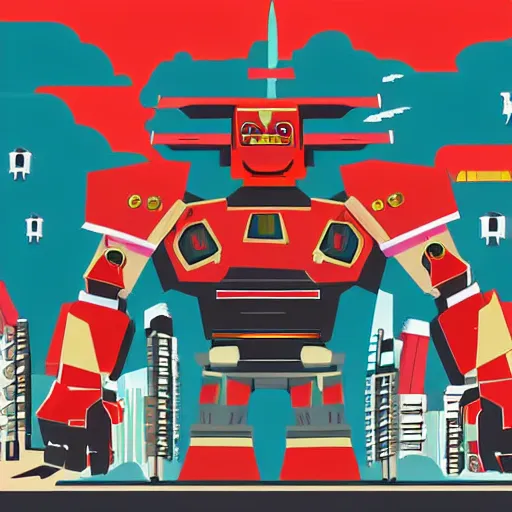 Prompt: giant samurai robot fighting a kaiju over tokyo city modern flat design style illustration with line elements