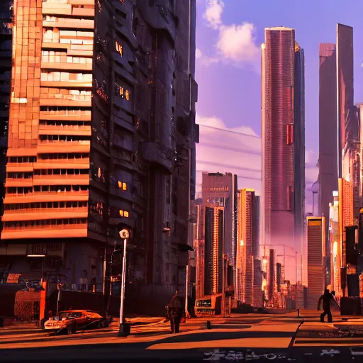 Image similar to cyberpunk cityscape like tokyo newyork street with tall buildings at dusk golden hour cinematic lighting, epic composition. A golden daylight, hyper-realistic environment. Hyper and intricate detail, photo-realistic. Cinematic and volumetric light. Epic concept art. Octane render and Unreal Engine, trending on artstation-H 768