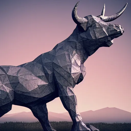 Prompt: sculpture of moloch, low poly, digital art, classical art, sharp focus, clear sky, muscular bull headed man, twilight sky